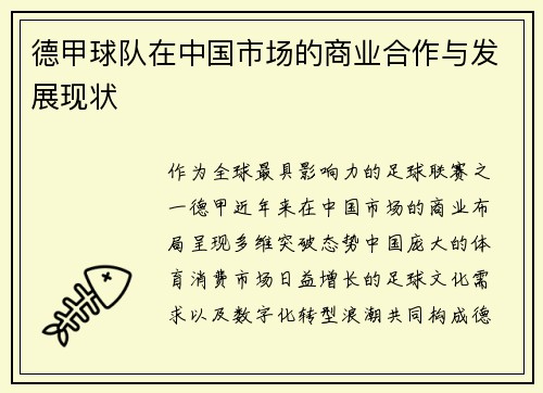 德甲球队在中国市场的商业合作与发展现状