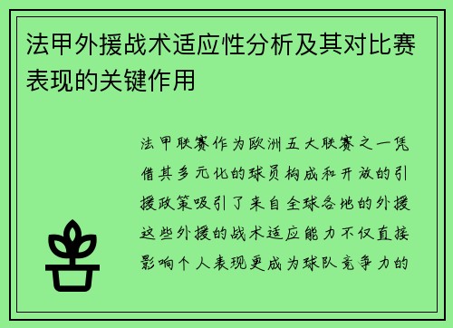 法甲外援战术适应性分析及其对比赛表现的关键作用